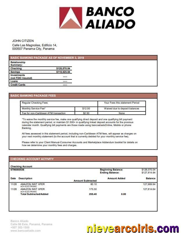 Panama Banco Aliado bank statement